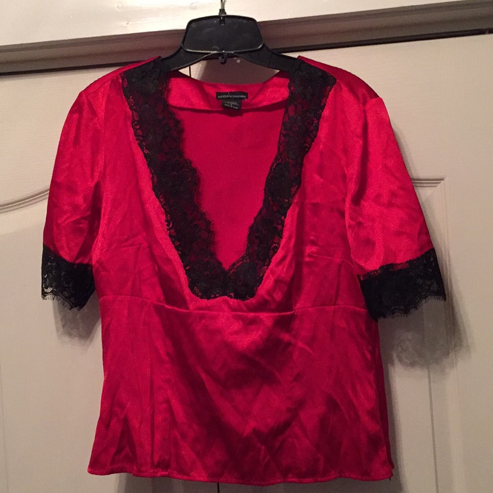Red Silk V-Neck Top w/ Black Lace Trim